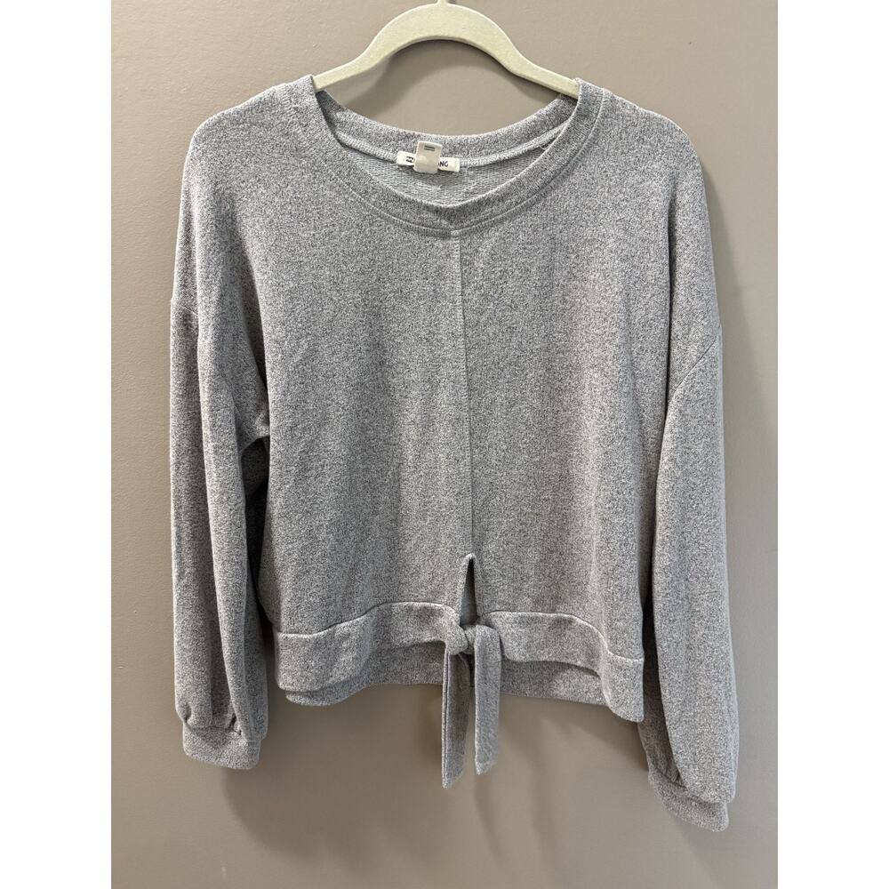 Billabong Grey Womens L Cropped Sweatshirt Tie Front Beachy Coastal Surf Relaxed